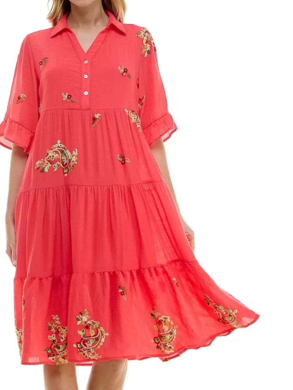 Figueroa & Flower Dress Womens M Pink Embroidered Tiered Midi Shirt Swing Boho